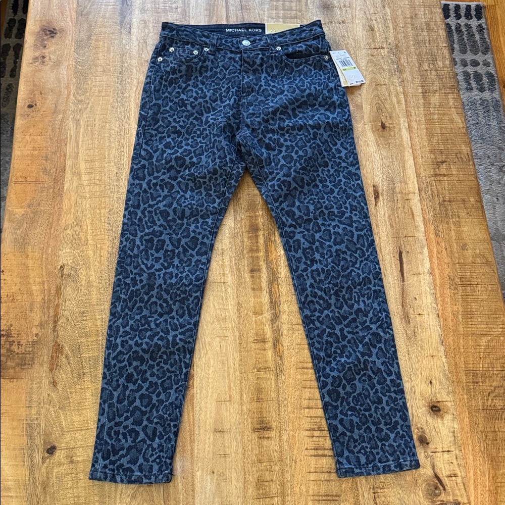 Michael Kors Selma skinny high rise blue leopard denim jeans pants NEW NWT